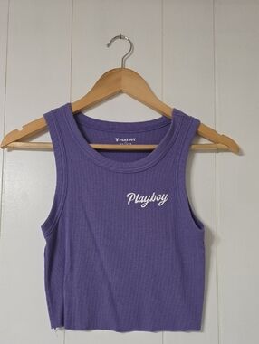 PLAYBOY By Pacsun Purple Ribbed Cropped Tank with White Script Logo